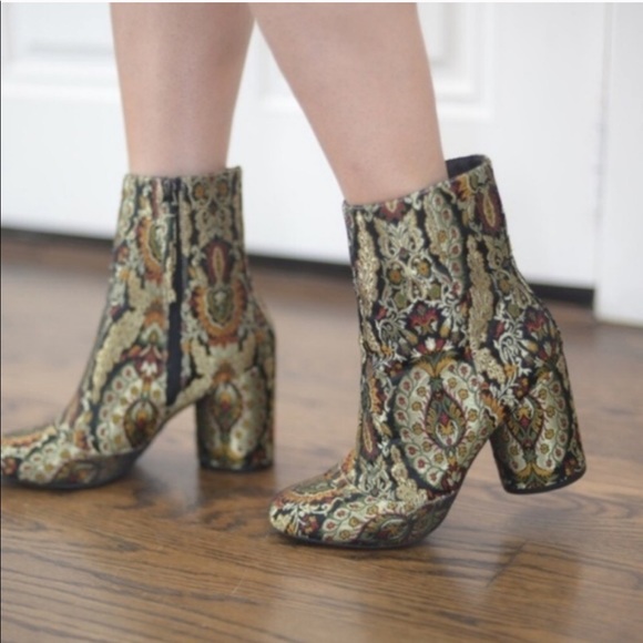 Topshop Shoes - Topshop Gold Jacquard Booties Block Heels